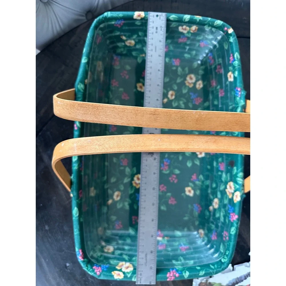 Longaberger 1993 Handwoven Basket Green Floral Liner Plastic Insert Dual Handles